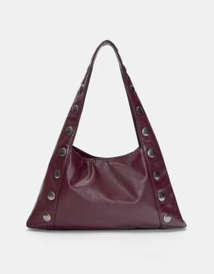 Pull & Bear - Schultertasche in Burgunderrot mit Nieten
