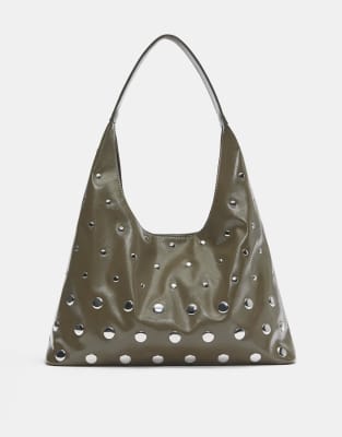 Pull & Bear - Schultertasche in Khaki mit Nietenbesatz-Grün