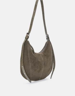 Pull & Bear - Schultertasche in Khaki mit Steppnähten-Grün