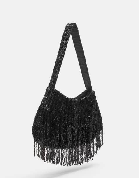 Pull&Bear – Schultertasche in Schwarz mit Fransen und Perlen - view 1