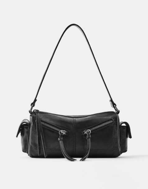 Pull&Bear Schultertasche mit Reißverschlussdetails in Schwarz - view 1