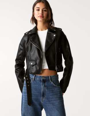 Pull & Bear - Schwarze Bikerjacke aus Lederimitat