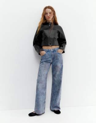 Pull & Bear - Schwarze Bikerjacke aus Lederimitat