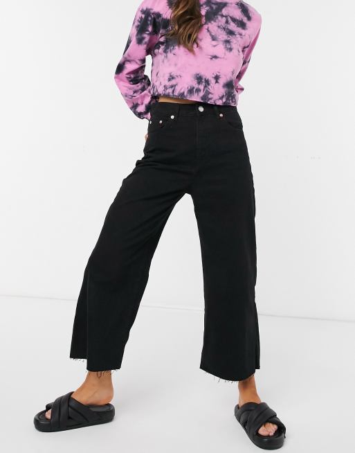Pull&Bear – Schwarze Jeans mit kurzem Schnitt und weitem Bein im Stil der 90er-Jahre