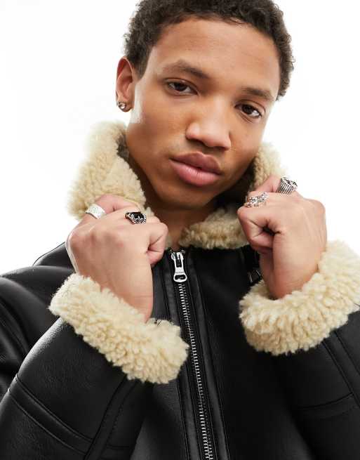 Pull&Bear – Schwarze Pilotenjacke aus Lederimitat ASOS