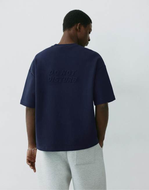 Pull&Bear schweres T-Shirt mit erhabenem Grafikmotiv in Marineblau, 2 von 7