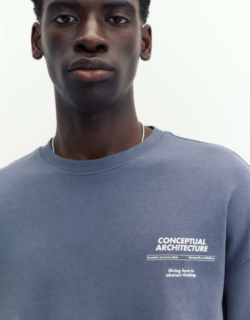 Pull&Bear schweres T-Shirt mit kurzen Ärmeln und Grafik in Blau, 3 von 7