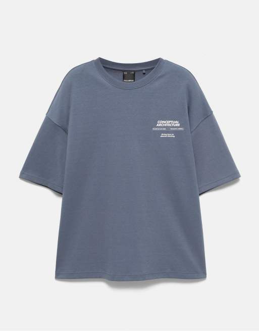 Pull&Bear schweres T-Shirt mit kurzen Ärmeln und Grafik in Blau, 6 von 7