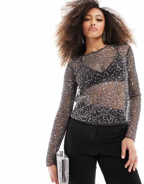 Black Sequin Plunge Fitted Shirt