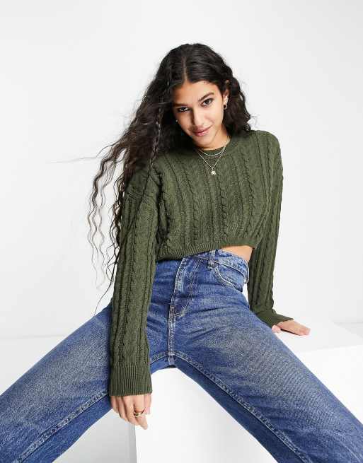 Pull&Bear scoop neck long sleeve top in khaki 