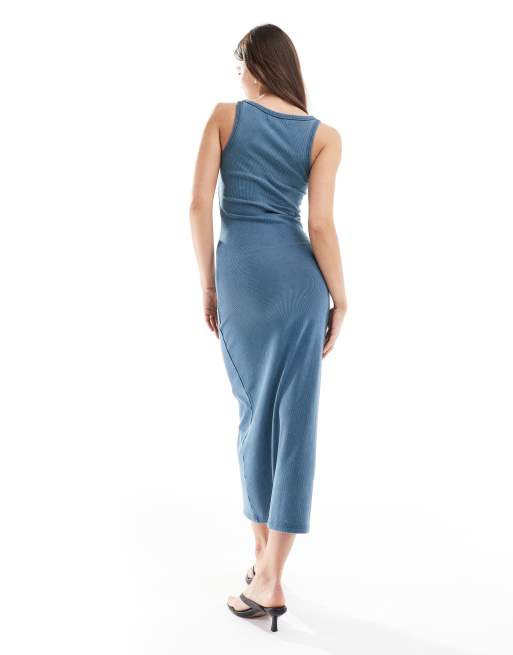 Pull&Bear scoop neck midi dress in washed blue, 4 of 4