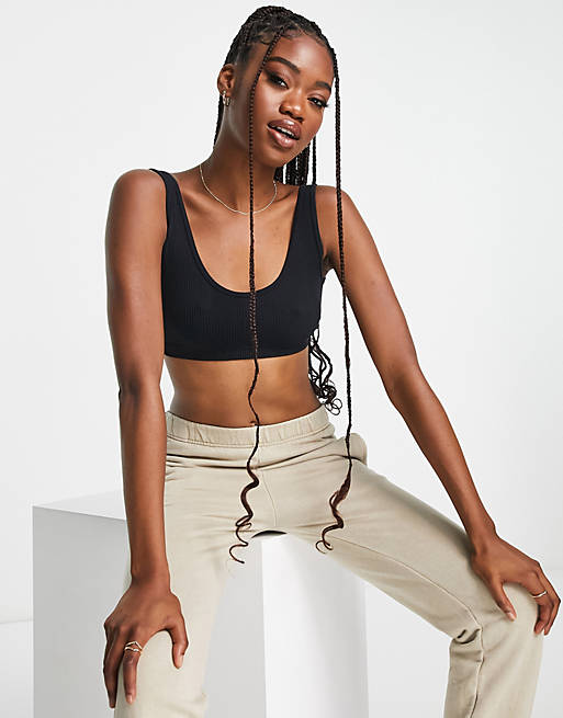 Pull&Bear seamless ribbed bra top in black (part of a set)