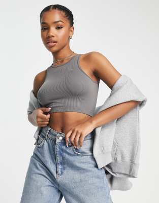 Pull & Bear Seamless Ribbed Cropped Top In Charcoal-gray