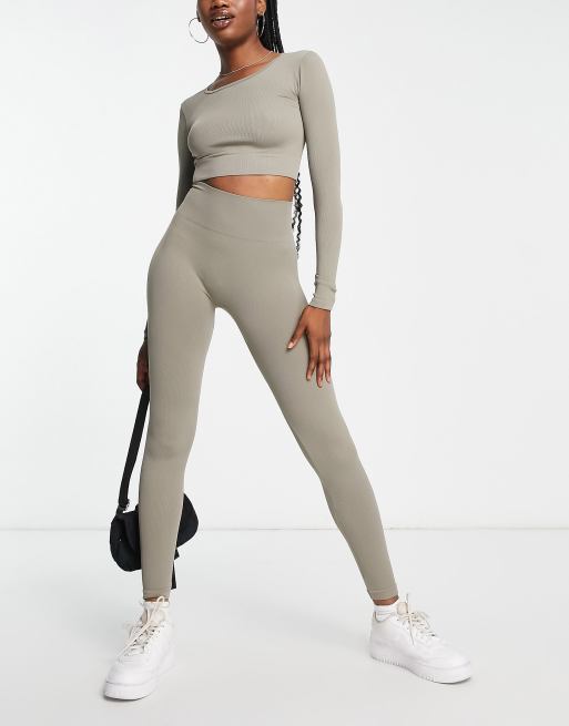 Pull&Bear seamless ribbed legging and top co-ord in taupe - BEIGE