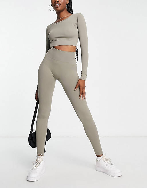 Pull&Bear seamless ribbed legging in taupe - part of a set