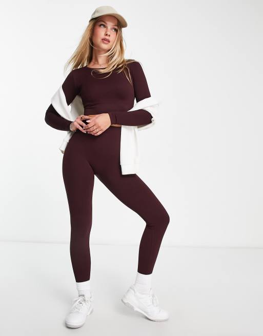 Pull&Bear seamless ribbed leggings in burgundy (part of a set)