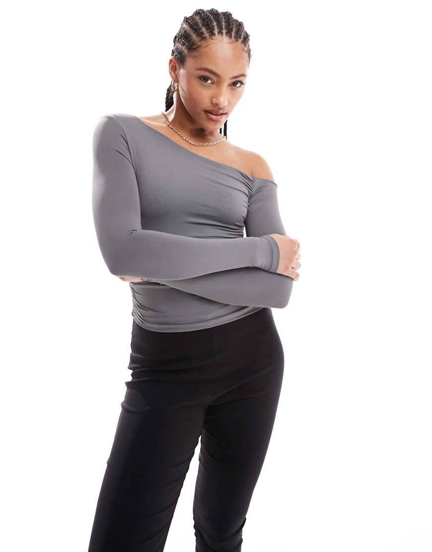 Pull & Bear Second Skin Asymmetric Off The Shoulder Top In Gray