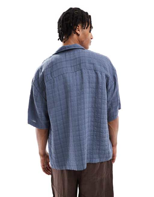 Pull&Bear seersucker checked shirt in blue, 4 of 4