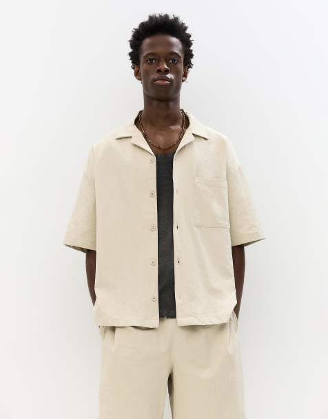 Pull&Bear - Seersucker overhemd met korte mouwen in zand - view 1