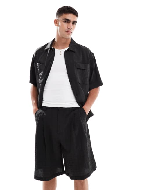 Pull&Bear – Seersucker-Shorts in Schwarz mit Abnähern, Kombiteil, 5 von 5
