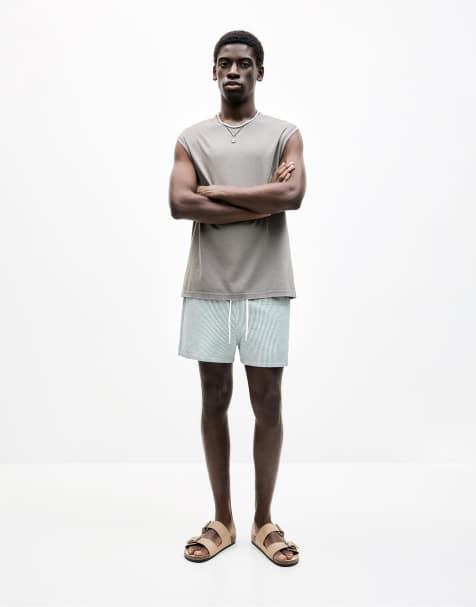 Pull&Bear Seersucker stripe swimming trunks in green - view 1