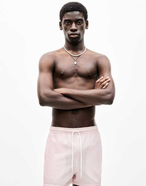Pull&Bear seersucker stripe swimming trunks in pink - view 1