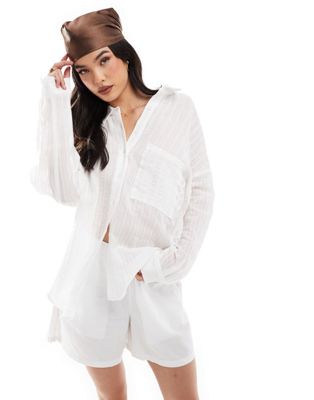 Pull & Bear Seersucker Texture Oversized Shirt In White