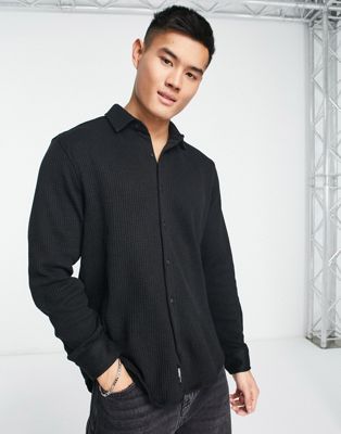 Pull&Bear seersucker textured shirt in black