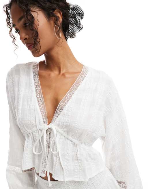 Pull&Bear seersucker textured tie detail blouse in white - part of a set
