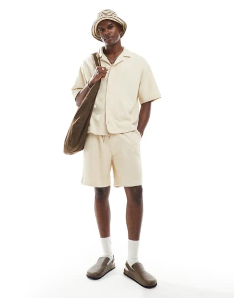 Pull&Bear – Self – Gräddvita, randiga shorts med textur, del av set - view 1