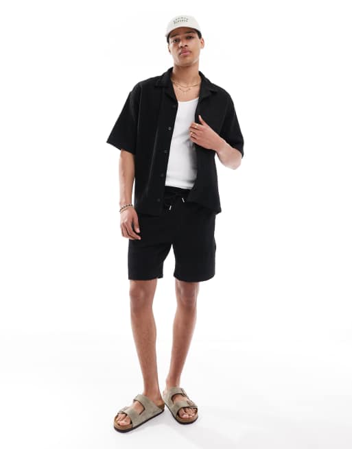Pull&Bear self stripe textured shirt co-ord in black