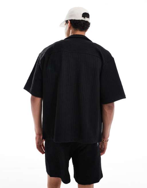 Pull&Bear self stripe textured shirt co-ord in black
