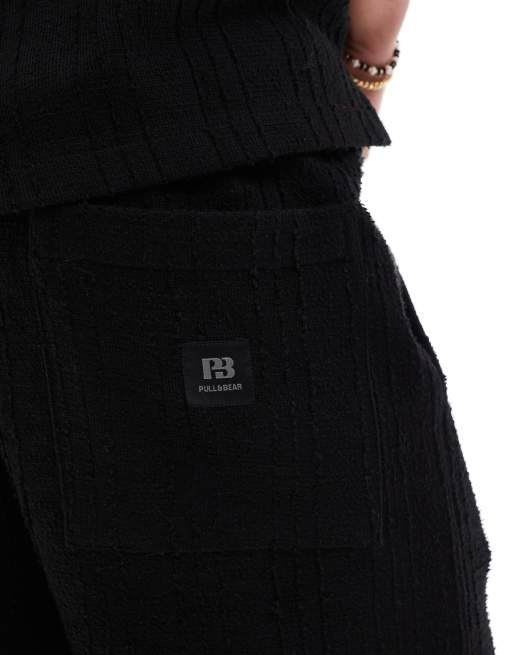 Pull&Bear self stripe textured shorts in black