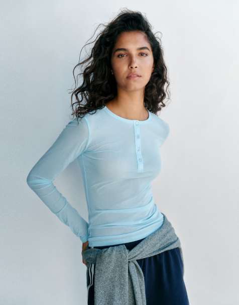 Pull&Bear Semi-sheer button t-shirt in pale blue - view 1