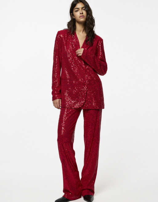 Pull&Bear sequin blazer and trouser co-ord in red
