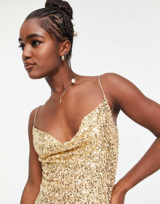 Gold sequin 2025 cowl neck dress