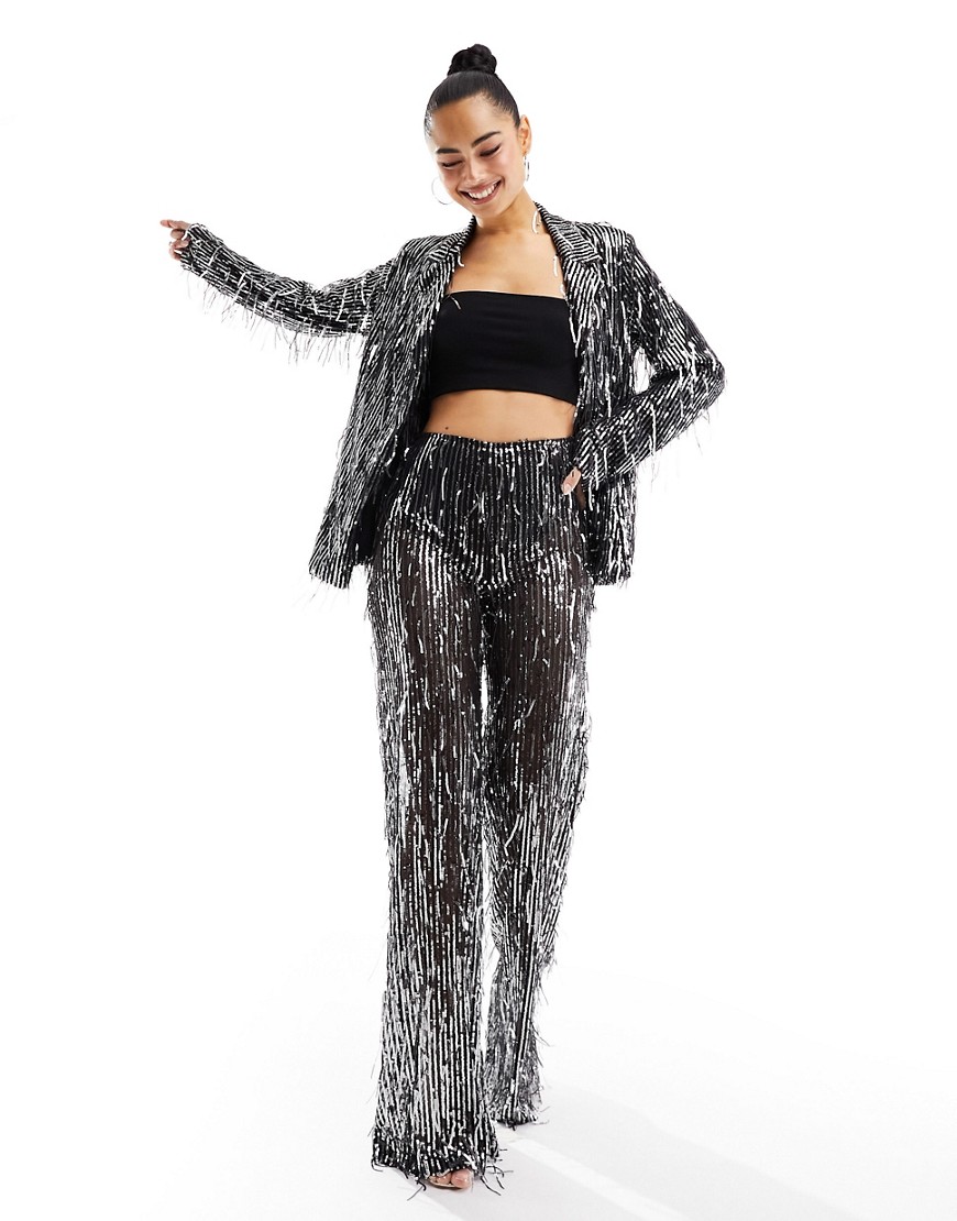 Pull & Bear sequin fringed trouser co-ord in silver