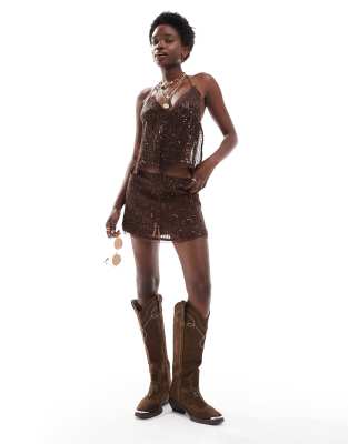 sequin halter neck strappy back top in brown - part of a set