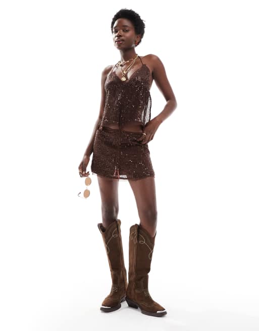 Pull&Bear sequin halter neck strappy back top in brown - part of a set