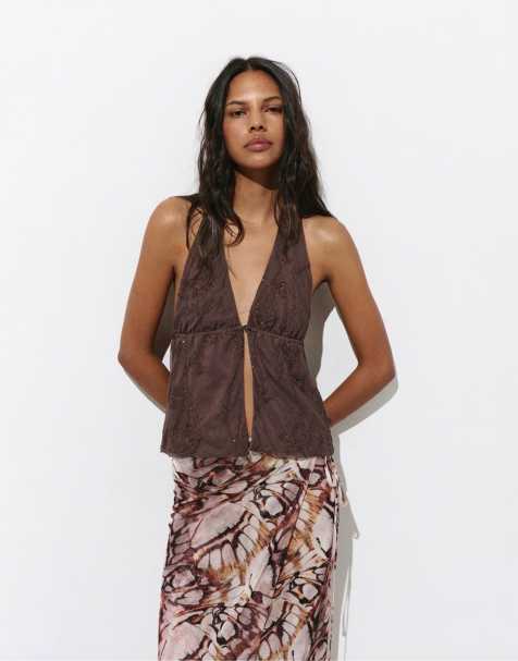 Pull&Bear Sequin halter top in brown - view 1