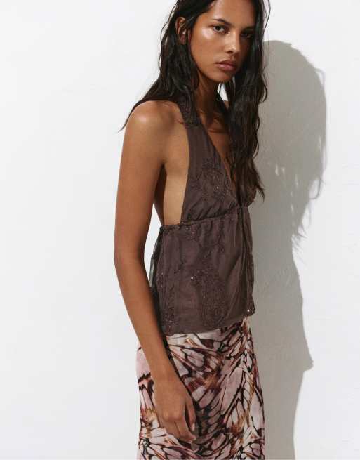 Pull&Bear Sequin halter top in brown, 2 of 4