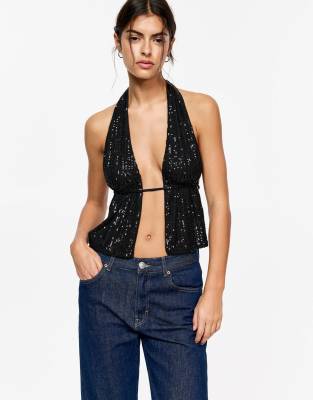 sequin halterneck top in black