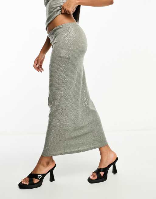 Pull&Bear sequin maxi skirt co-ord in grey sparkle