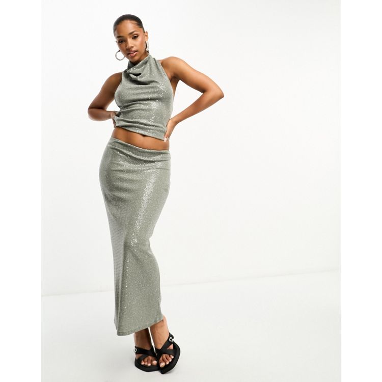 Glitter Knit Maxi Skirt in Silver Metallic