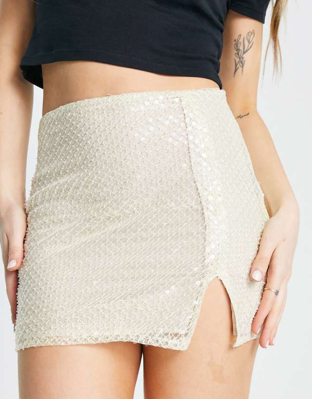 Pull&Bear - sequin mini skirt co ord in white