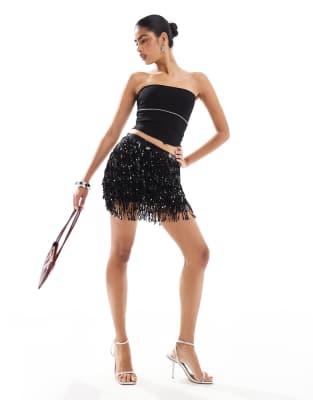 sequin tassel mini skirt in black