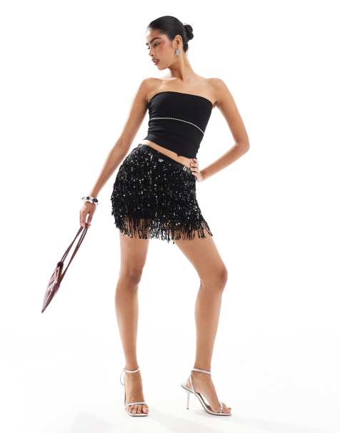 Pull&Bear sequin tassel mini skirt in black - view 1