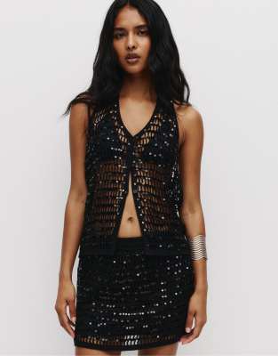 Pull & Bear Sequined crochet halter top in black