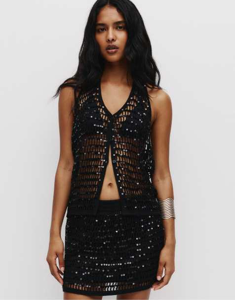 Pull&Bear Sequined crochet halter top in black