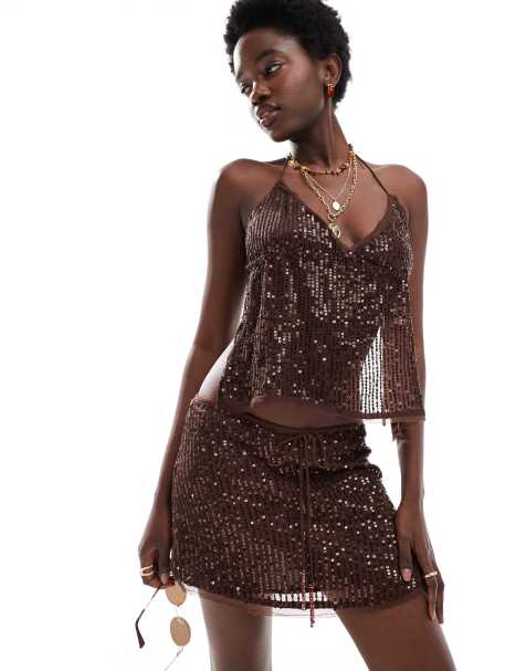 Pull&Bear sequinned mini skirt in brown